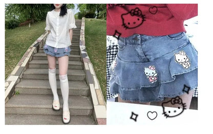 Cat Print Double A-Line Mini Skirt