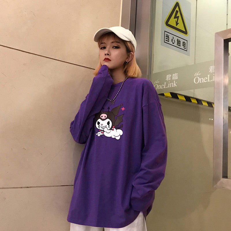 Cute Purple Devil Demon Print Anime Cartoon Casual Oversized Long Sleeve Tee Shirt T-shirt Top E-Girl Kawaii Korean Japanese Harajuku Streetwear