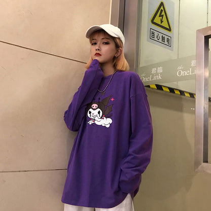 Cute Purple Devil Demon Print Anime Cartoon Casual Oversized Long Sleeve Tee Shirt T-shirt Top E-Girl Kawaii Korean Japanese Harajuku Streetwear