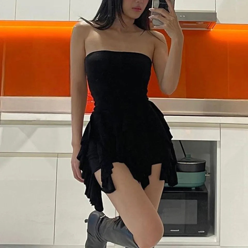 Black Ruffle Tassel Mini Dress