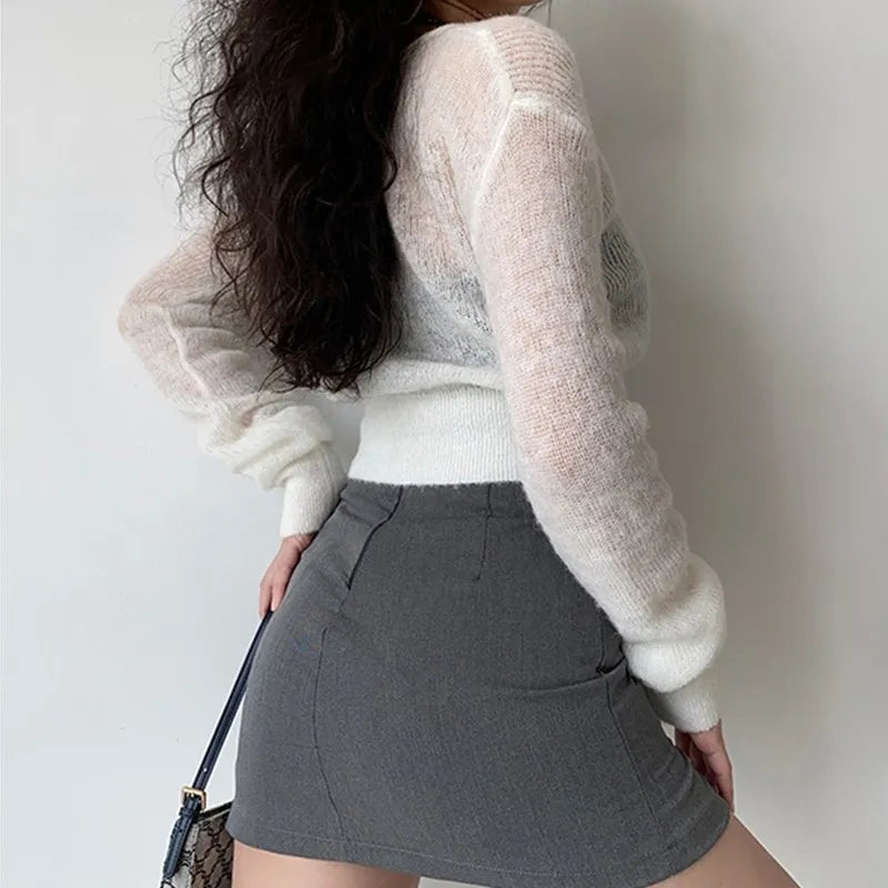 See Through V Neck Cropped Long Sleeve Cardigan