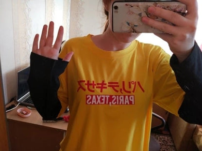 Cute Casual Yellow Vintage Letter Print Graphic T-shirt Long Sleeve Tee Shirt O-neck Pullover E-Girl Kawaii Korean Japanese Harajuku Retro Streetwear