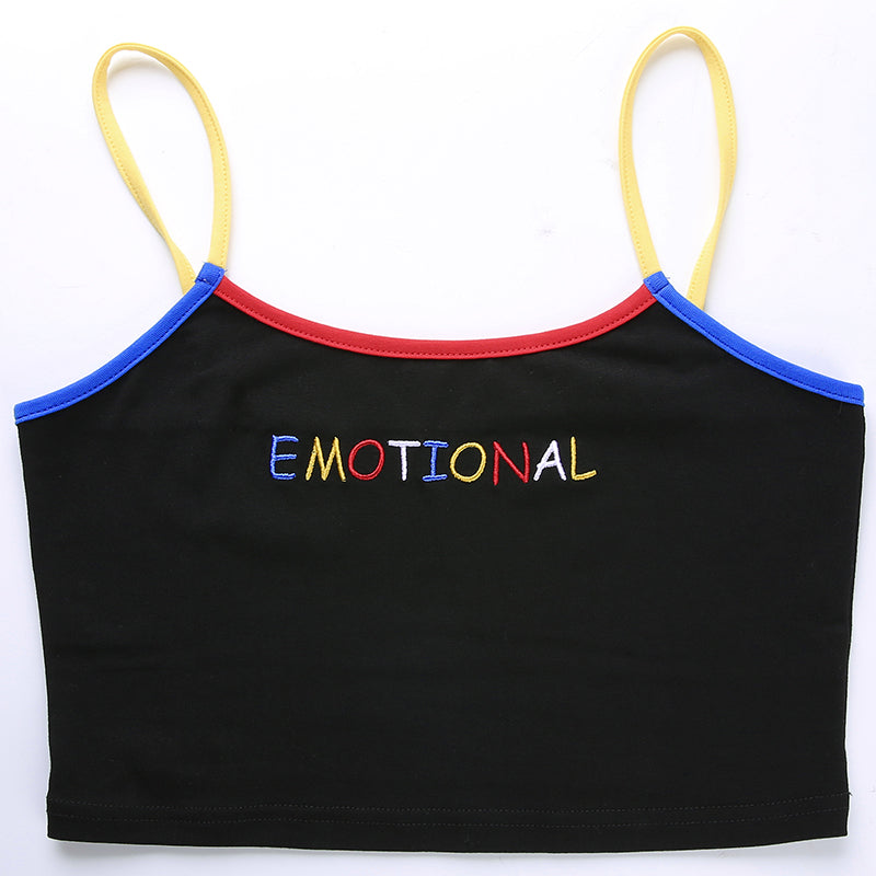 Cute Black Emotional Embroidery Crop Top Camisole Spaghetti Tank Shirt Tee T-shirt E-Girl Kawaii Korean Japanese Harajuku Retro Streetwear Aesthetic
