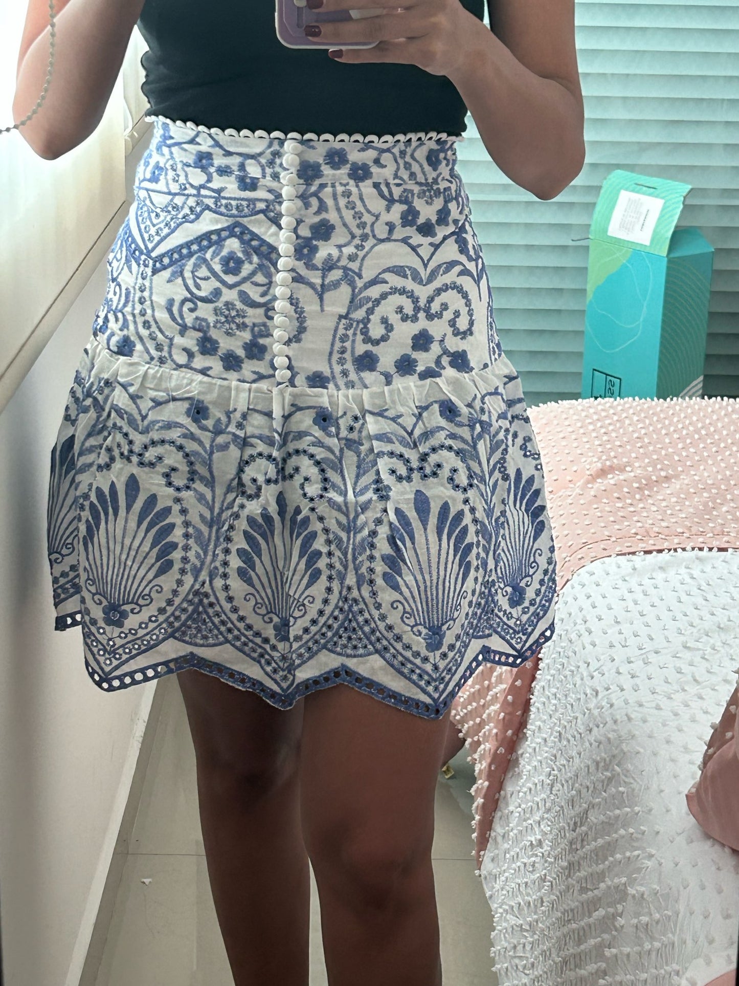 Blue Flower Embroidery Pleated Mini Skirt