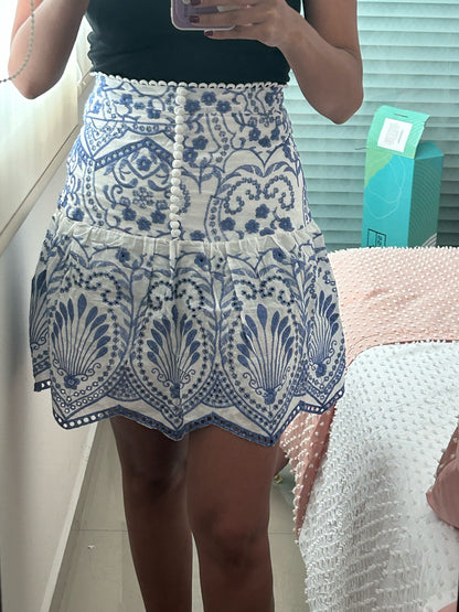 Blue Flower Embroidery Pleated Mini Skirt