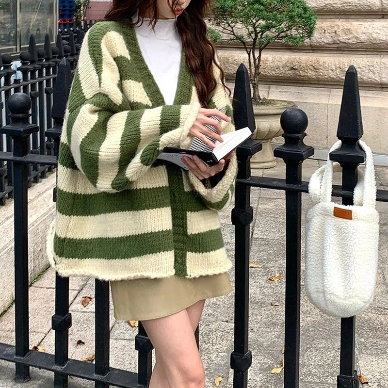 Green Stripe Loose Cardigan
