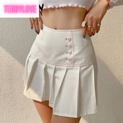 Cute Sweet White Heart Button Pleated Zipper Patchwork High Waisted Mini Skirt Bottoms Aesthetic Casual Summer E-Girl Kawaii Korean Japanese Harajuku