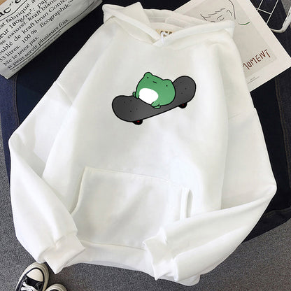 Skateboard Frog Cartoon Casual Loose Oversized Hoodie Sweater Sweatshirt Long Sleeve Pullover E-Girl Kawaii Korean Japanese Harajuku Streetwear