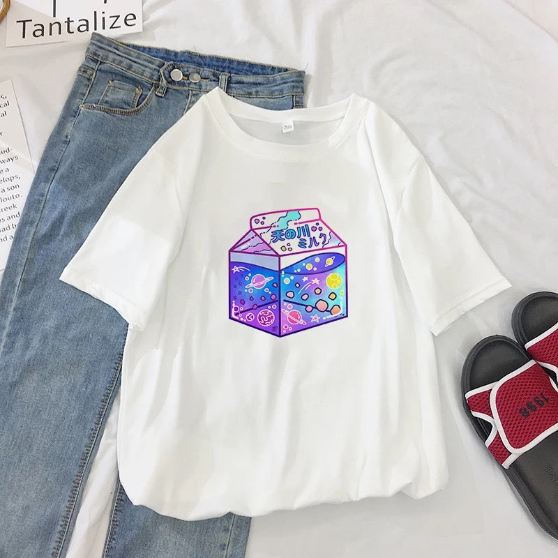 Cute Japanese Galaxy Milk Carton Print Graphic Casual Short Sleeve Shirt Tee T-shirt E-Girl Kawaii Korean Japanese Harajuku Retro Streetwear Aesthetic