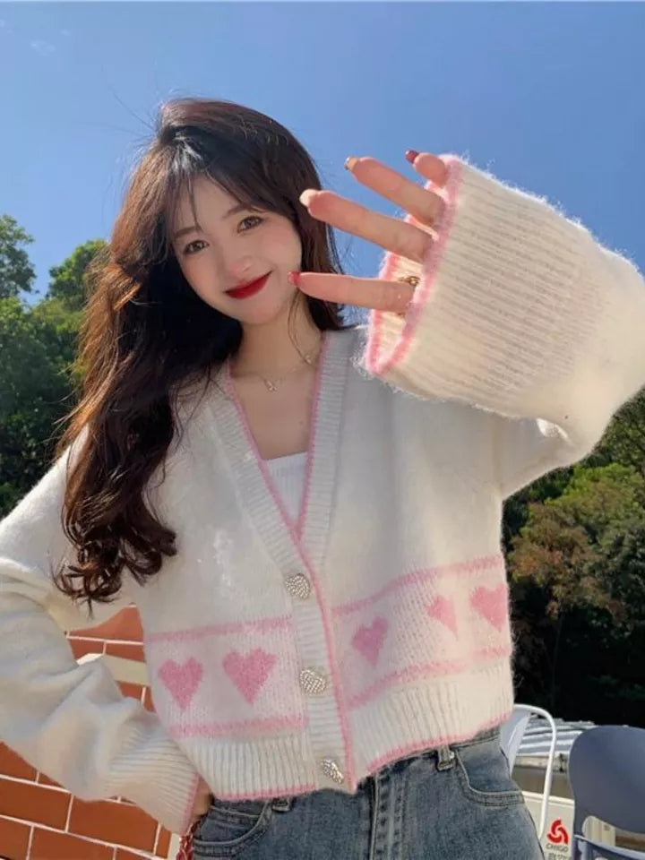 Heart Button Cropped Long Sleeve Cardigan