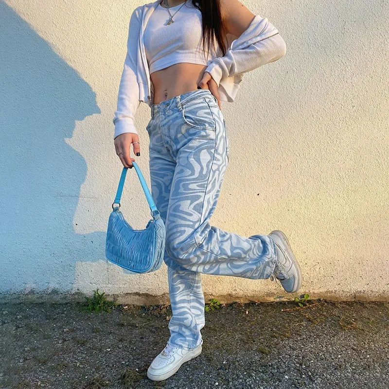 Blue & White Zebra Print High Waist Pants