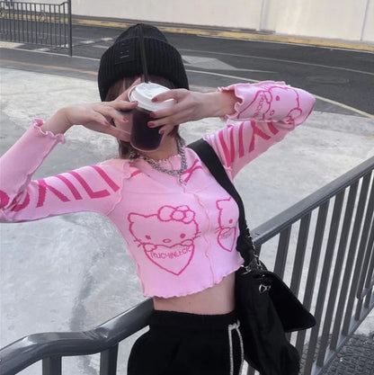 Cute Pink Kitty Cat Knit Loose Frill Long Sleeve Shirt Sweater Pullover Cardigan Aesthetic Casual Summer E-Girl Kawaii Korean Japanese Harajuku