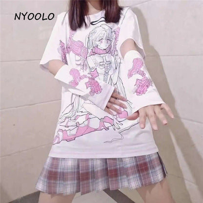 Angel Steampunk Anime Girl Cartoon Print Loose Short Sleeve T-shirt Top Summer Causal Goth Punk E-Girl Kawaii Korean Japanese Harajuku Streetwear