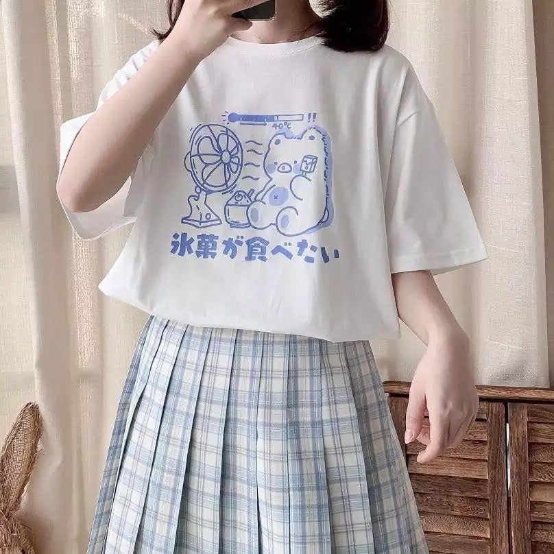 Sweet Bear Anime Cartoon Print Loose Short Sleeve T-shirt Top Summer Causal Goth Punk E-Girl Kawaii Korean Japanese Harajuku Streetwear