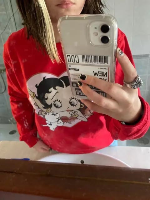Cute 80s 90s Red Heart Vintage Cartoon Girl Long Sleeve Shirt Hoodie Pullover Sweatshirt Casual E-Girl Kawaii Korean Japanese Harajuku Streetwear