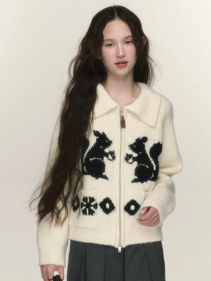 Squirrel Graphic Zipper Sweater