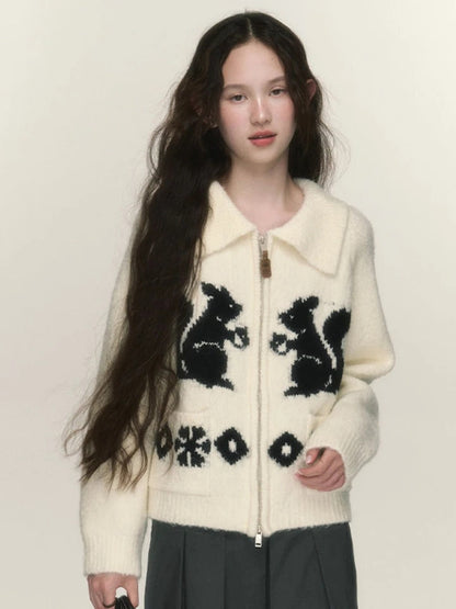 Squirrel Graphic Zipper Sweater