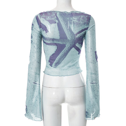 Starfish Mesh Graphic Print Flare Long Sleeve Shirt