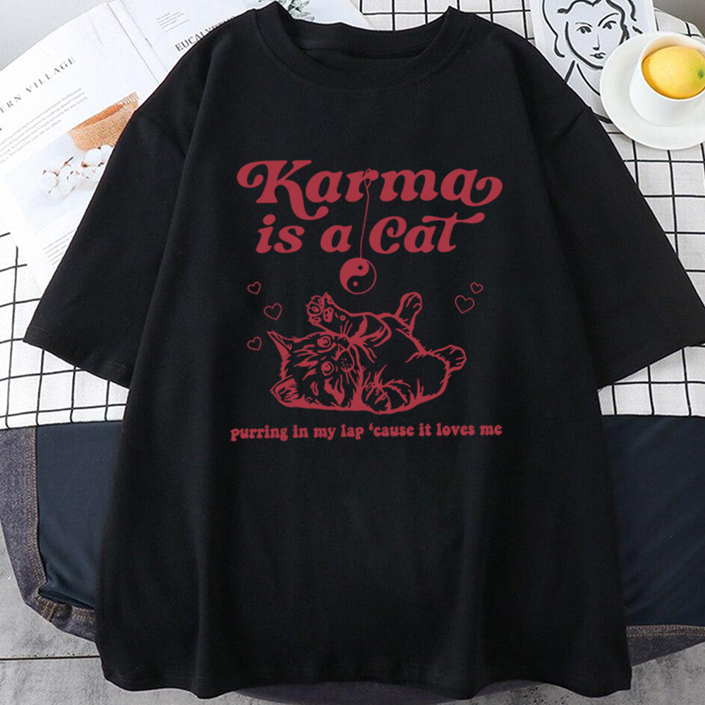 Karma Cat Print Short Sleeve T-shirt