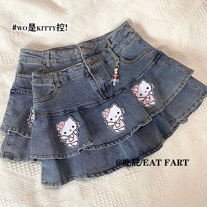 Cat Print Double A-Line Mini Skirt