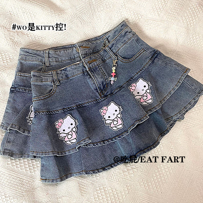 Cat Print Double A-Line Mini Skirt