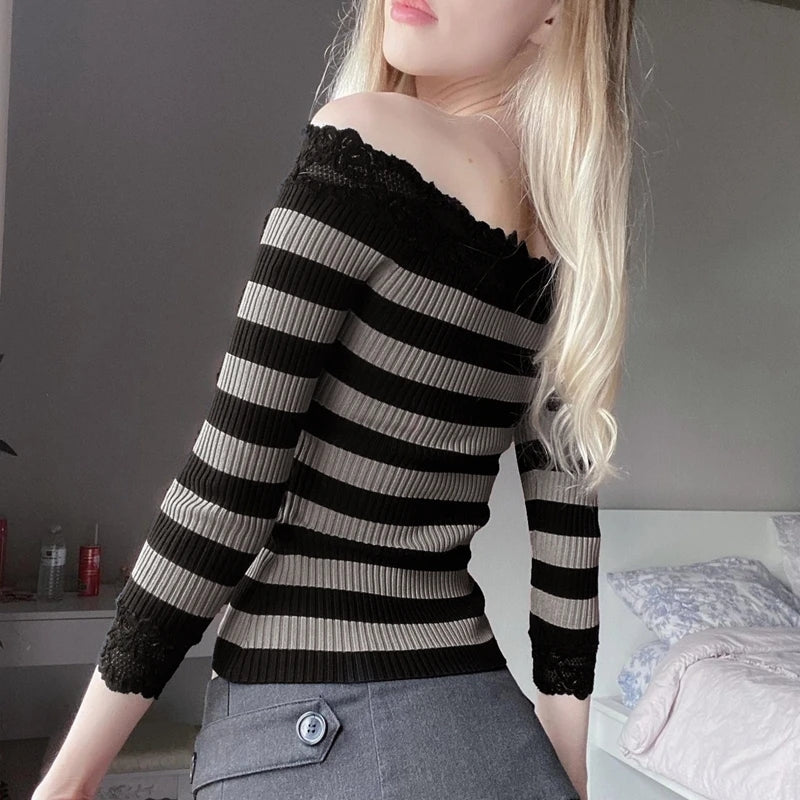 Pink & Black Stripe Off Shoulder Long Sleeve Shirt