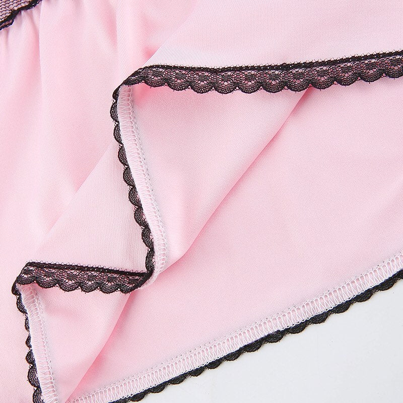 Cute 90s Light Pink Lace Sleeveless Ruffle Frill Tie Up Crop Top Camisole Tank Shirt Summer Party E-Girl Kawaii Korean Japanese Harajuku Streetwear