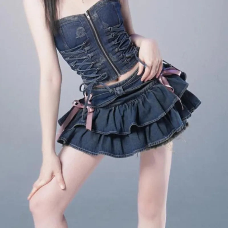Denim Ruffle Pink Ribbon A-Line Mini Skirt