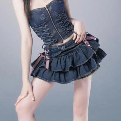 Denim Ruffle Pink Ribbon A-Line Mini Skirt