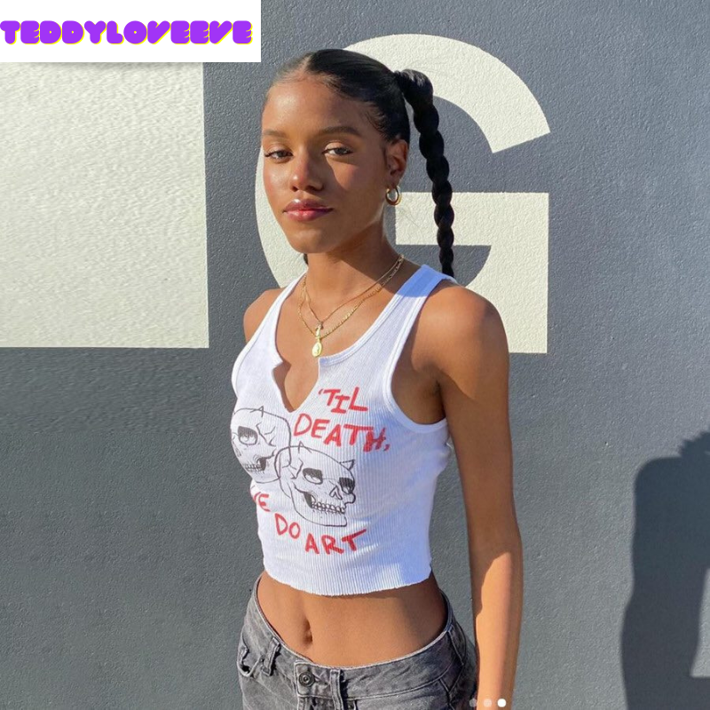 Cute Sexy White Skull Ribbed Sleeveless Tank Crop Top T-shirt Punk Goth Aesthetic Summer Party E-Girl Kawaii Korean Japanese Harajuku Streetwear