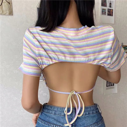 Rainbow Backless Short Sleeve Crop Top