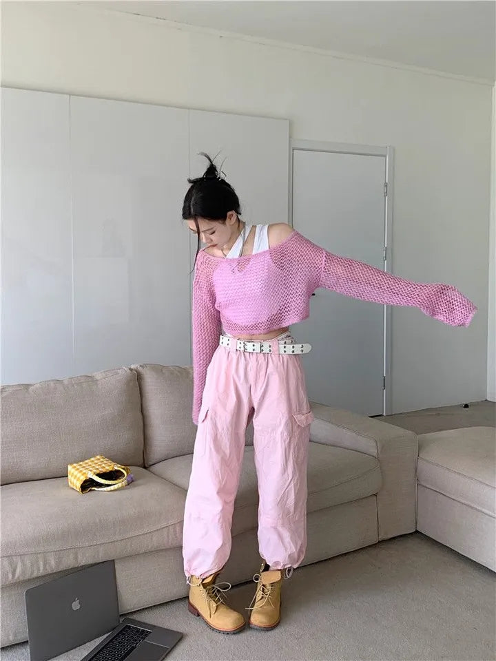 Pink Hollow Out Knit Cropped Sweater