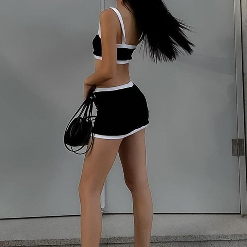 2PCS Black & White Patchwork Tank Top + Skirt
