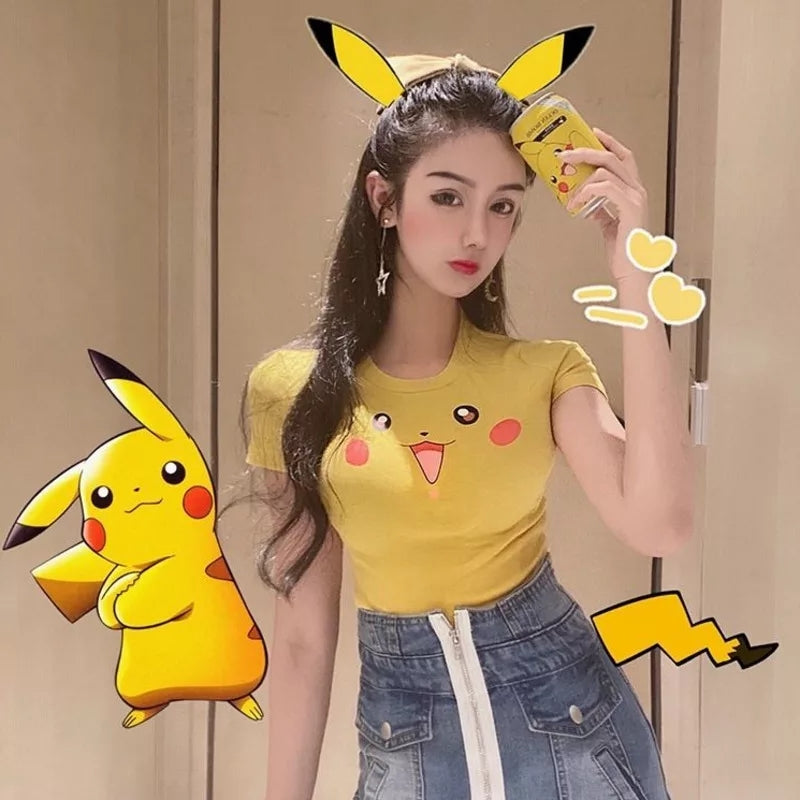 Cute Sexy Pikachu Anime Cartoon Graphic Print Crop Top Short Sleeve Shirt Aesthetic Casual E-Girl Kawaii Korean Japanese Harajuku