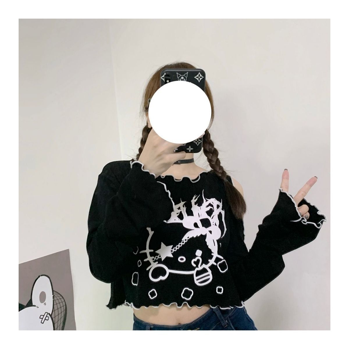 Cat Off Shoulder Frill Long Sleeve Shirt