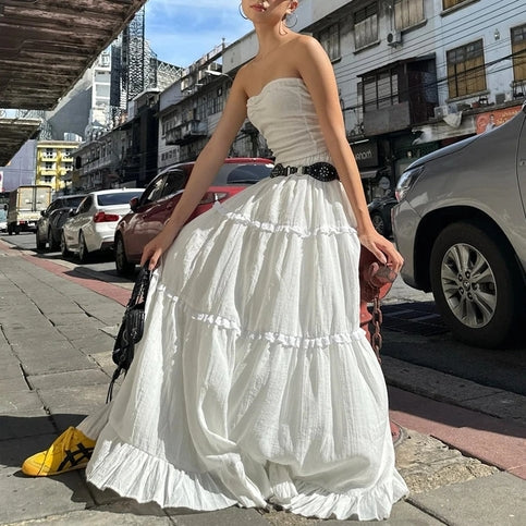 2PCS Strapless Tank Top + Pleated Long Skirt