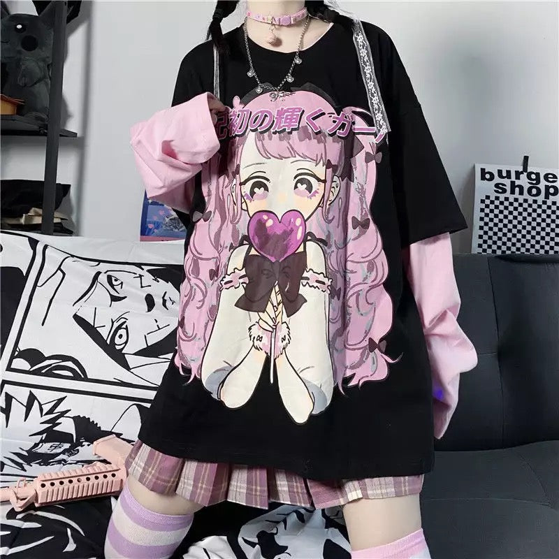 Cute Aesthetic Black Anime Girl Cartoon Print Short Sleeve Shirt Oversized Loose T-shirt Top Goth E-Girl Kawaii Korean Japanese Harajuku Streetwear