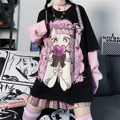 Cute Aesthetic Black Anime Girl Cartoon Print Short Sleeve Shirt Oversized Loose T-shirt Top Goth E-Girl Kawaii Korean Japanese Harajuku Streetwear