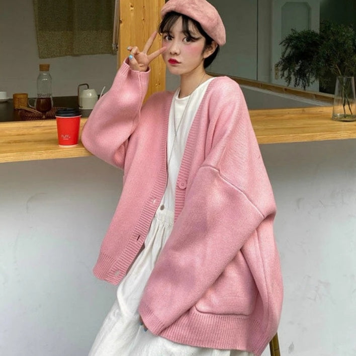 Cute Baby Pink V Neck Chic Loose Oversized Knit Cardigan Long Sleeve Sweater Jumper Aesthetic Casual Summer E-Girl Kawaii Korean Japanese Harajuku