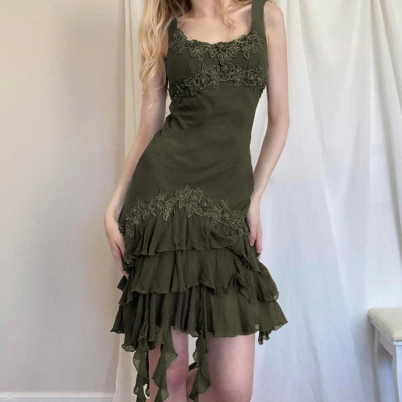 Green Ruffle Irregular Lace Dress