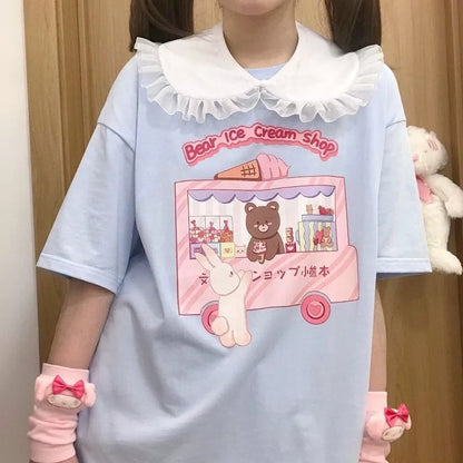 Sweet Bear Ice Cream Shop Print Loose Short Sleeve T-shirt