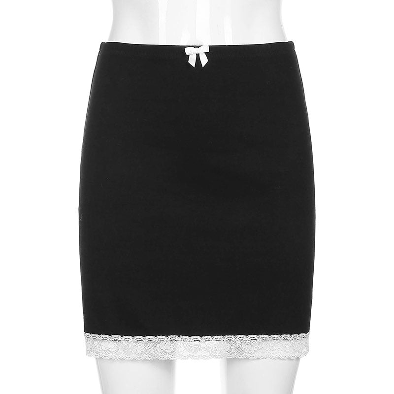 Cute Sexy 90s Vintage Sweet Bow Lace Trim Solid Black High Waisted Mini Skirt Bottoms Aesthetic Goth E-Girl Kawaii Korean Japanese Harajuku Streetwear