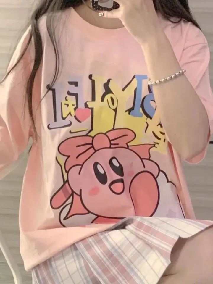 Pink Anime Cartoon Print Short Sleeve T-shirt