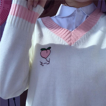 Cute Strawberry Peach Embroidery Knit Vest Sweater Sweatshirt Pullover Long Sleeve Shirt Casual E-Girl Kawaii Korean Japanese Harajuku Streetwear