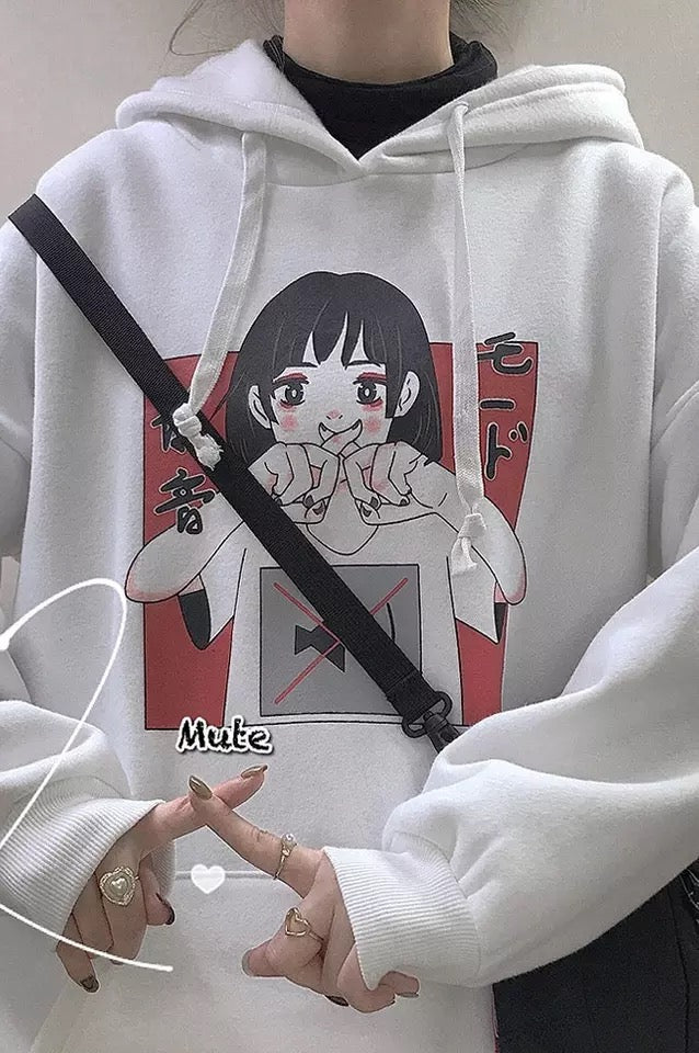Anime Girl Cartoon Print Graphic White long Sleeve Hoodie Sweater Sweatshirt Pullover Top E-Girl Kawaii Korean Japanese Harajuku Streetwear