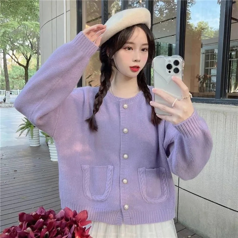 Purple Single Breasted Pocket Loose Cardigan