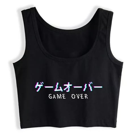 Cute Black Kanji Game Over Vaporwave Crop Top Tank Sleeveless Shirt Aesthetic Casual E-Girl Kawaii Korean Japanese Harajuku