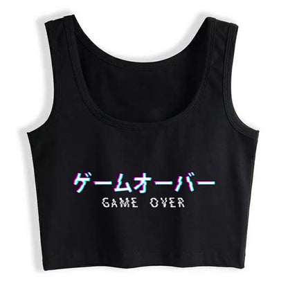 Cute Black Kanji Game Over Vaporwave Crop Top Tank Sleeveless Shirt Aesthetic Casual E-Girl Kawaii Korean Japanese Harajuku
