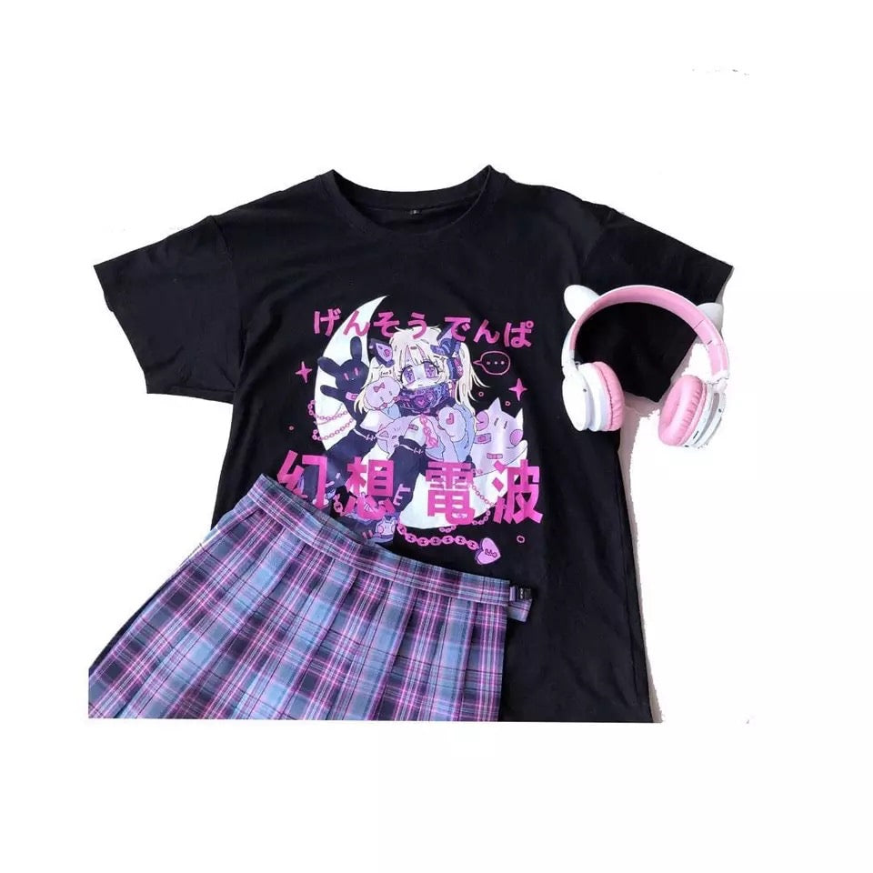 Anime Cartoon Print Grunge Loose Steampunk Goth Punk Short Sleeve Shirt T-shirt Top Summer Causal E-Girl Kawaii Korean Japanese Harajuku Streetwear