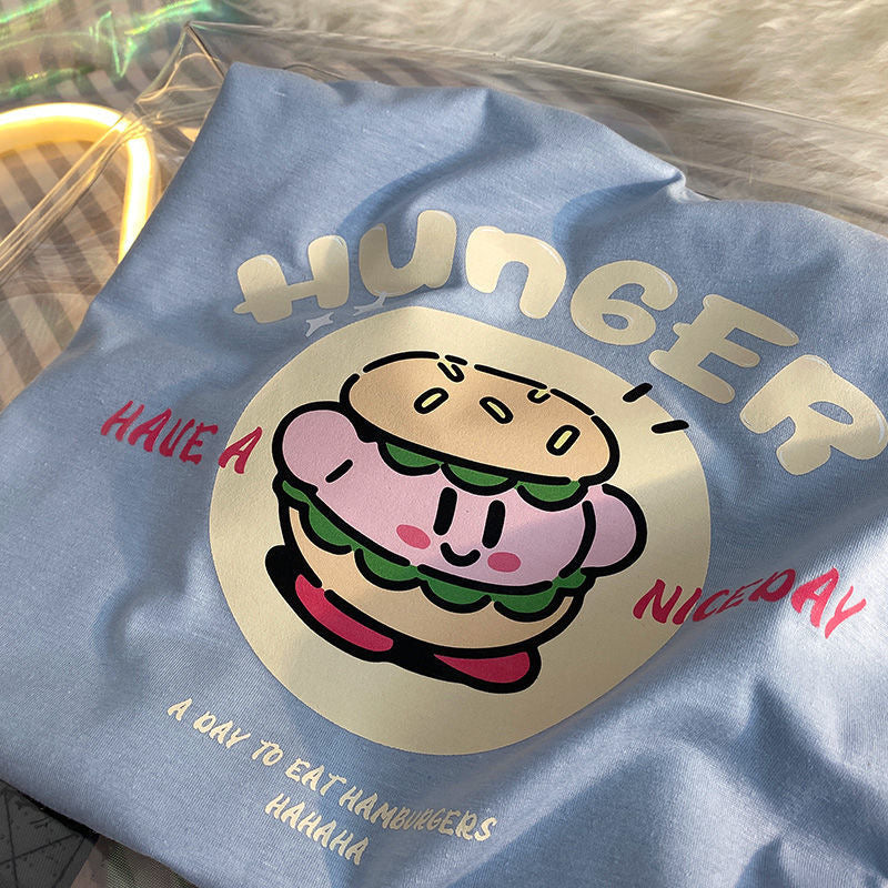 Burger Japanese Anime Print Loose Short Sleeve T-shirt